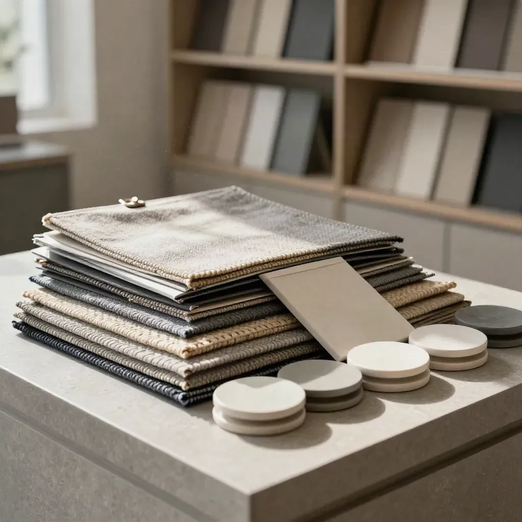 Compact supplier sourcing folio with swatches and ceramic sample pucks in a premium showroom