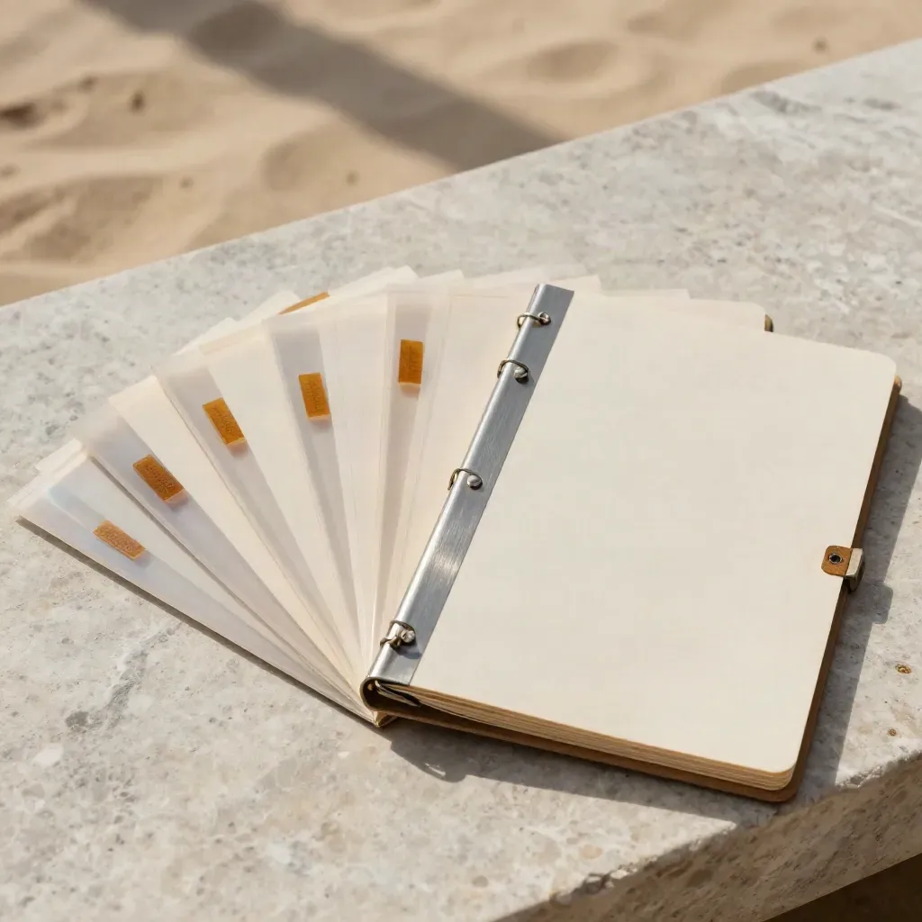 Overhead flatlay of customs clearance kit with sleeves, seal tags and metal clasp on limestone.