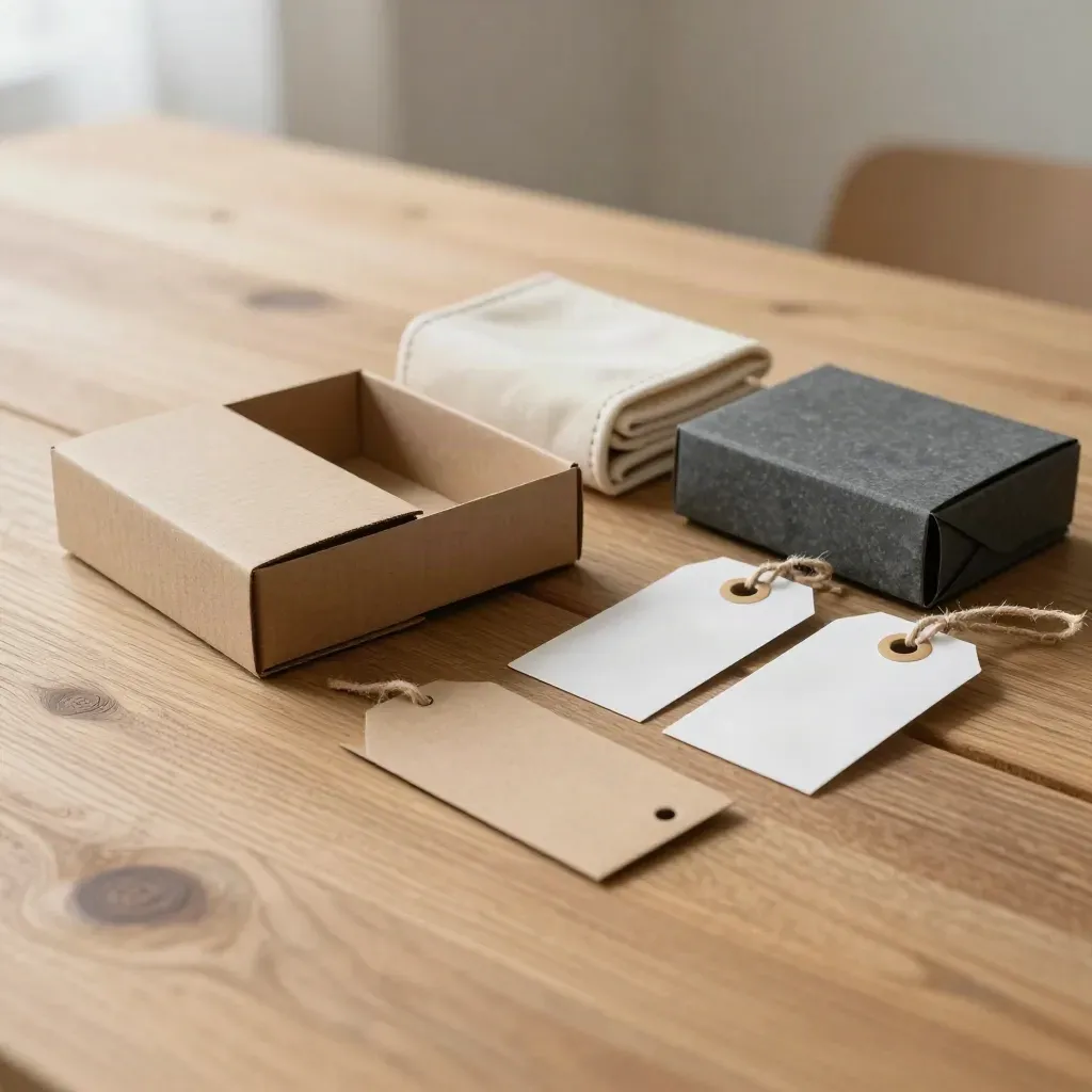 Travel kit with sample boxes, shipping tags and a canvas case on timber