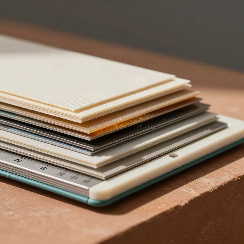 Commodity code help kit with stacked dividers, swatch board and specimen tray on terracotta
