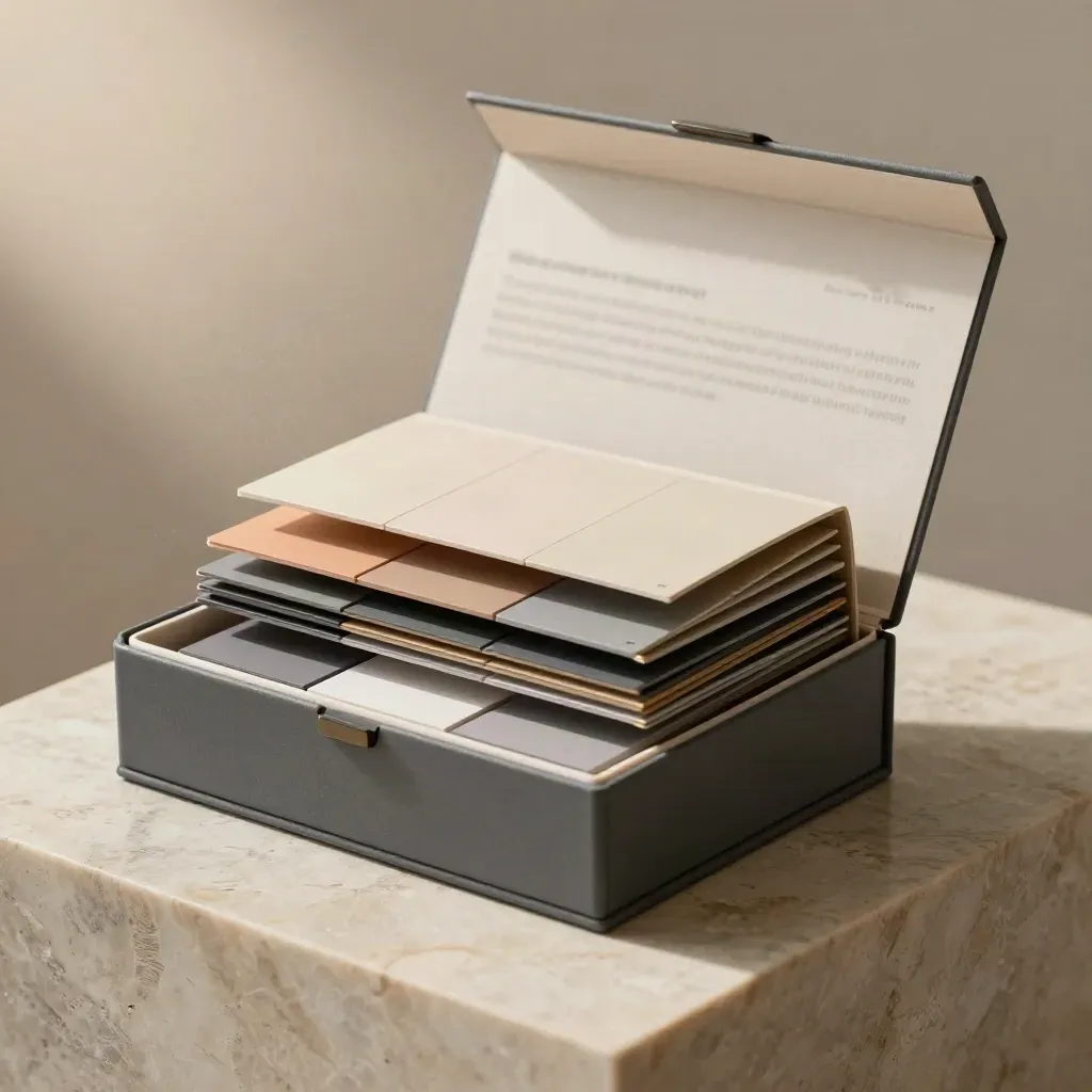 Open market entry plan box with layered chips and blank tabs on a limestone plinth