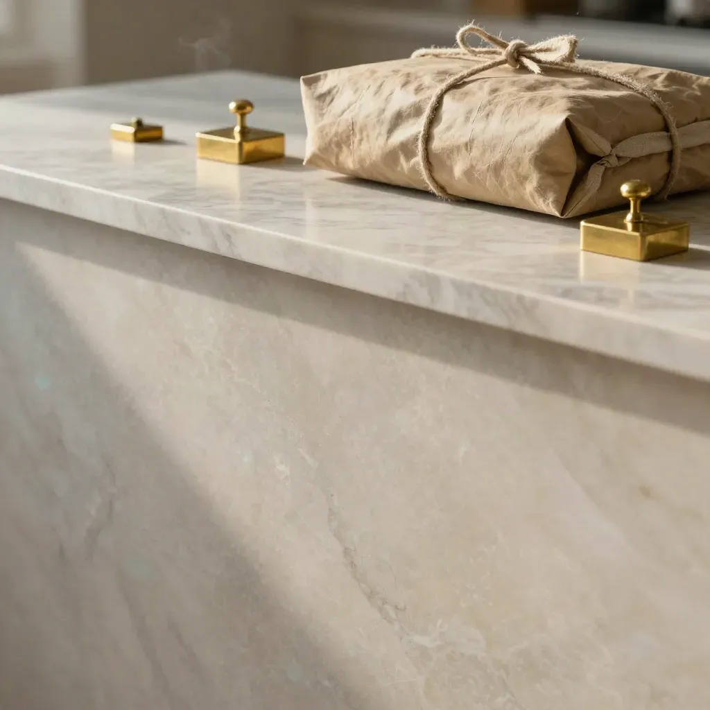 Marble customs counter with brass weights, linen folds, and soft morning light.